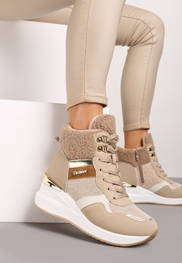 Ciemnobeżowe Sneakersy na Koturnie z Wysoką Cholewką Ozdobione Brokatem Sinthera