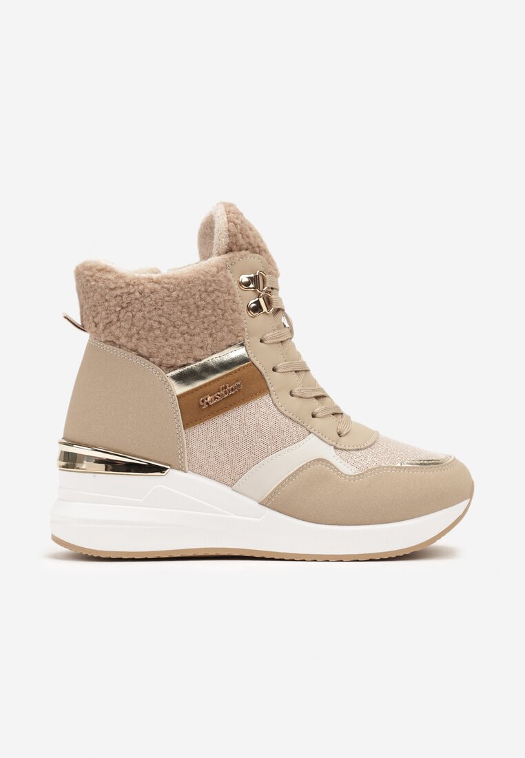 Ciemnobeżowe Sneakersy na Koturnie z Wysoką Cholewką Ozdobione Brokatem Sinthera