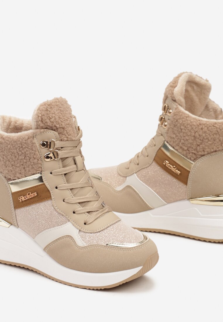 Ciemnobeżowe Sneakersy na Koturnie z Wysoką Cholewką Ozdobione Brokatem Sinthera