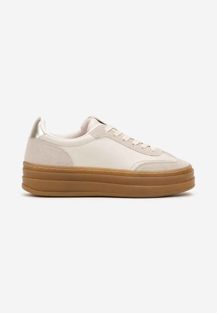 Beżowe Sneakersy na Grubej Podeszwie Ozdobione Kontrastowymi Przeszyciami Belmaris