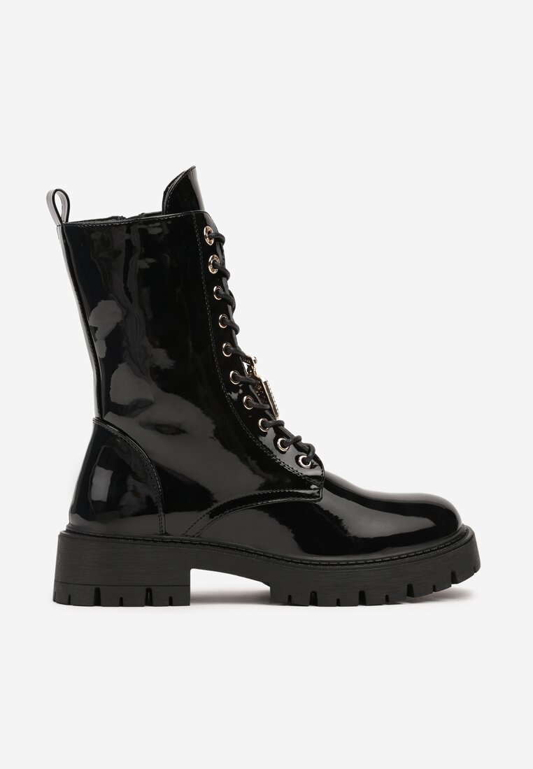 Czarne Botki Workery na Grubej Podeszwie Ozdobione Lakierowanym Połyskiem i Cyrkoniami Deloriana