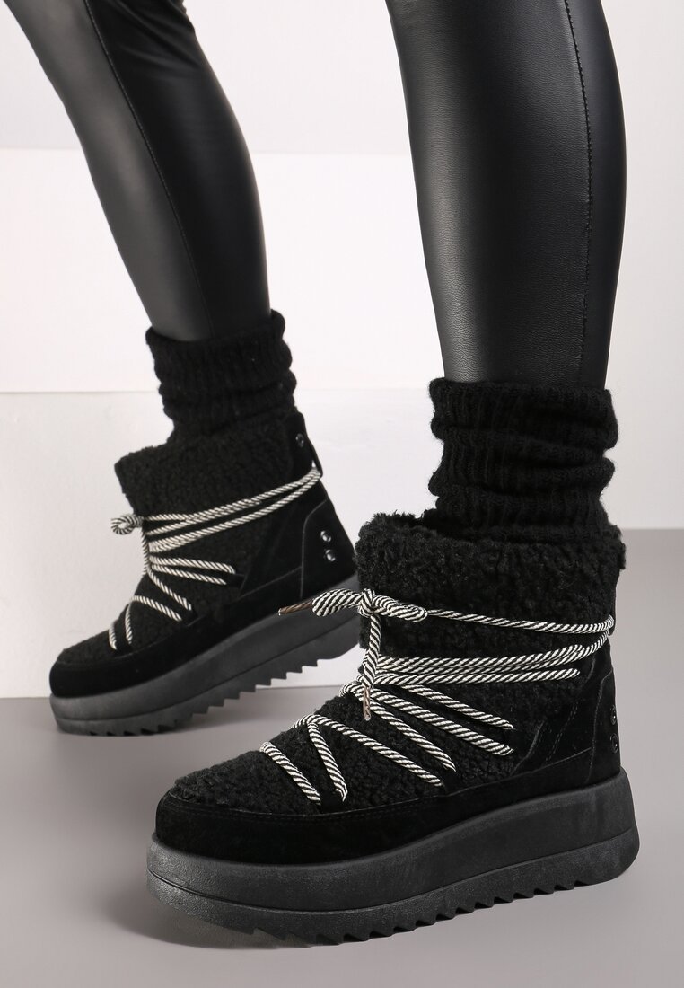 Czarne Niezapinane Śniegowce na Niskiej Platformie z Futerkiem i Sznurowaniem Avalisande