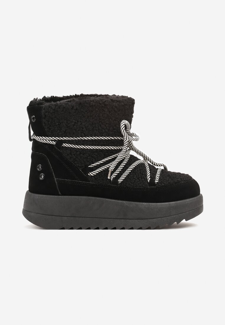 Czarne Niezapinane Śniegowce na Niskiej Platformie z Futerkiem i Sznurowaniem Avalisande