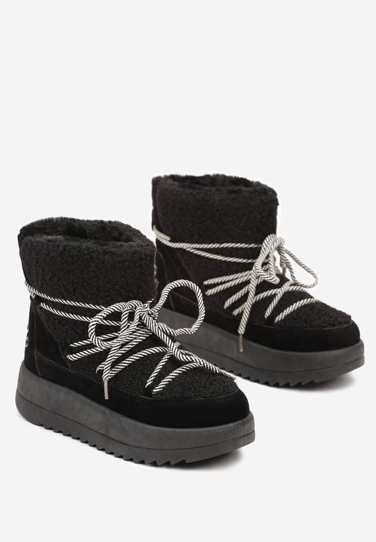 Czarne Niezapinane Śniegowce na Niskiej Platformie z Futerkiem i Sznurowaniem Avalisande