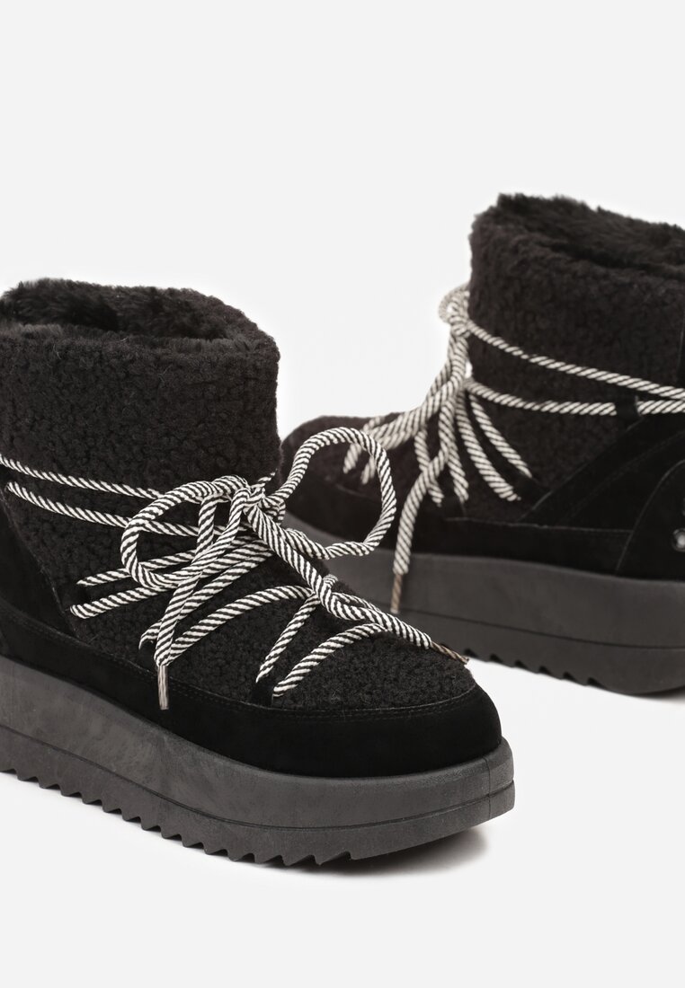 Czarne Niezapinane Śniegowce na Niskiej Platformie z Futerkiem i Sznurowaniem Avalisande