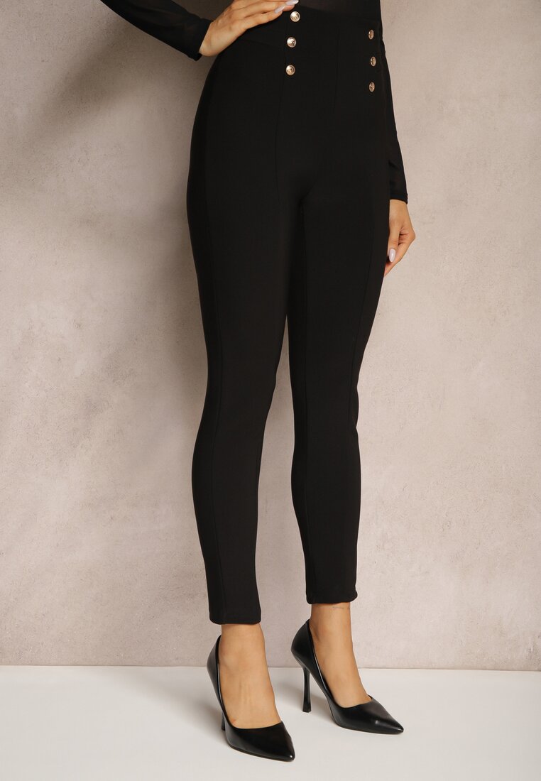 Czarne Legginsy Bawełniane High Waist Ozdobione Guzikami Liorvia