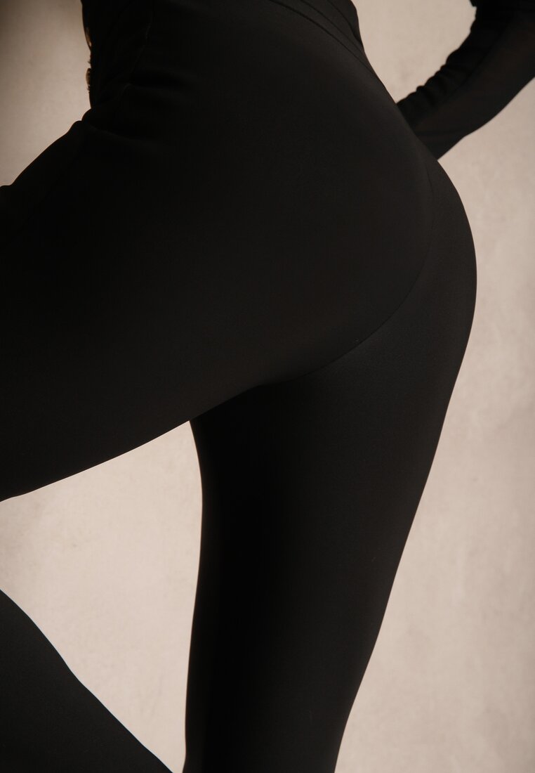 Czarne Legginsy Bawełniane High Waist Ozdobione Guzikami Liorvia