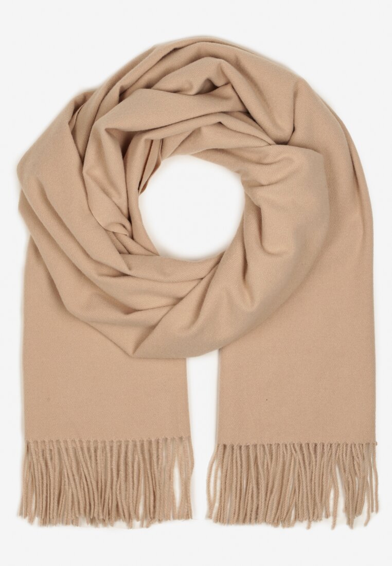 Beżowy Długi Szalik Wiskozowy z Wełną Ozdobiony Frędzlami Portina