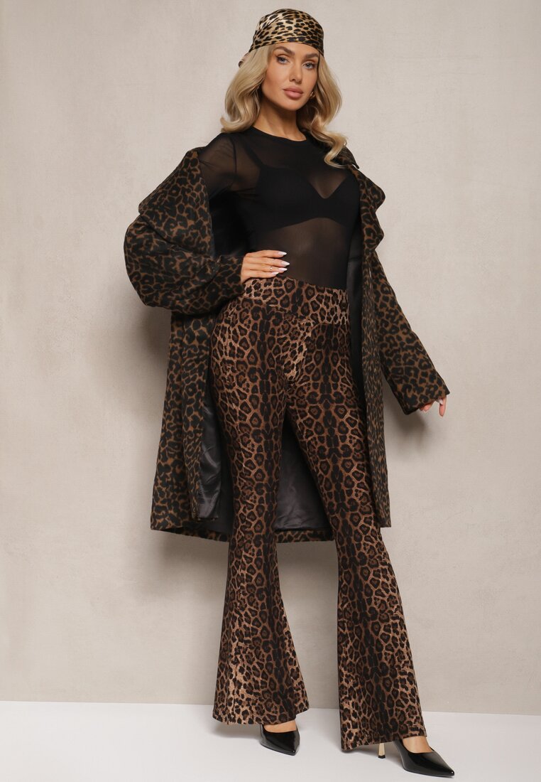 Brązowe Wiskozowe Spodnie Wiskozowe Dzwony High Waist z Gumką w Pasie Delrie