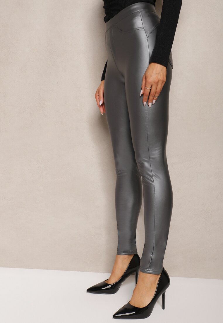 Szare Legginsy z Imitacji Skóry High Waist Noriel