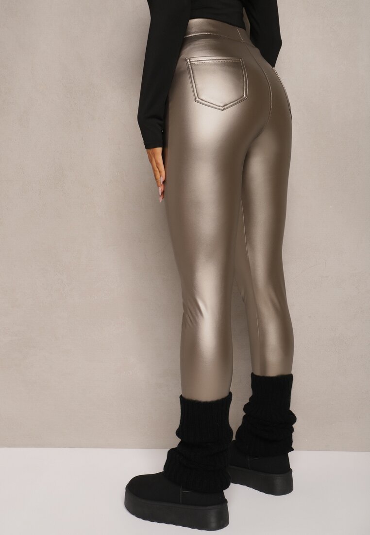 Złote Legginsy z Imitacji Skóry High Waist Ozdobione Wsuwanymi Kieszeniami Valerievia