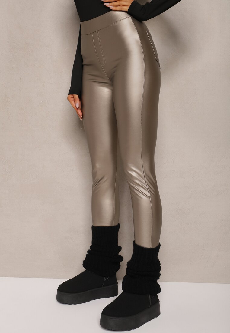 Złote Legginsy z Imitacji Skóry High Waist Ozdobione Wsuwanymi Kieszeniami Valerievia