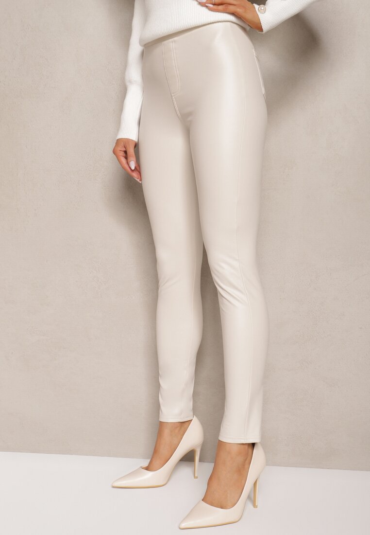 Białe Legginsy z Imitacji Skóry High Waist Ozdobione Wsuwanymi Kieszeniami Valerievia