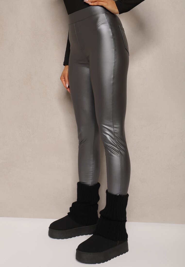 Ciemnoszare Legginsy z Imitacji Skóry High Waist Ozdobione Wsuwanymi Kieszeniami Valerievia