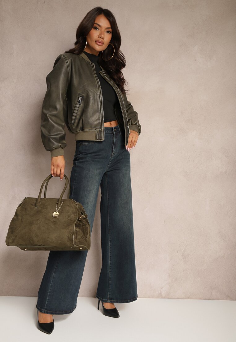 Granatowe Jeansy o Szerokim Kroju High Waist Orieviea