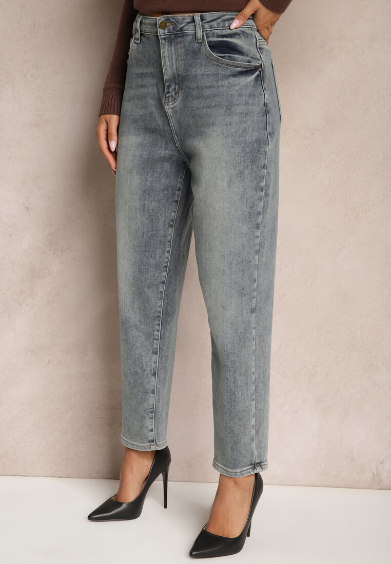 Niebiesko-Szare Jeansy z Bawełną o Kroju Mom Fit High Waist Melortia