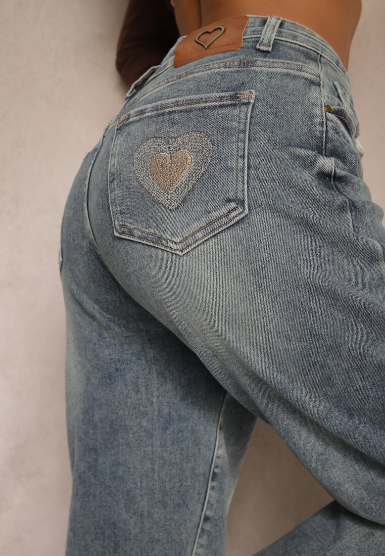 Niebiesko-Szare Jeansy z Bawełną o Kroju Mom Fit High Waist Melortia