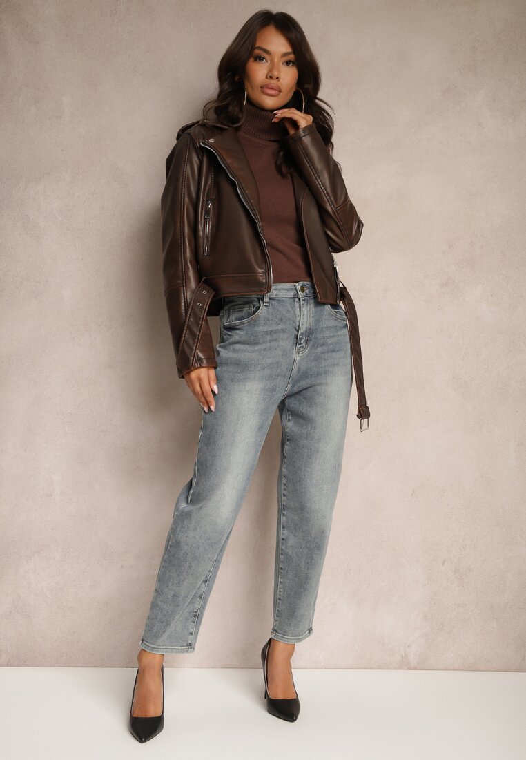 Niebiesko-Szare Jeansy z Bawełną o Kroju Mom Fit High Waist Melortia