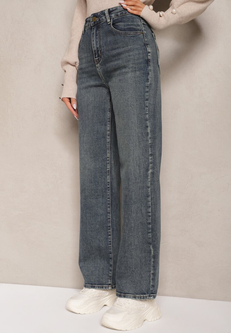 Niebiesko-Szare Szerokie Jeansy z Bawełną High Waist Torrinia