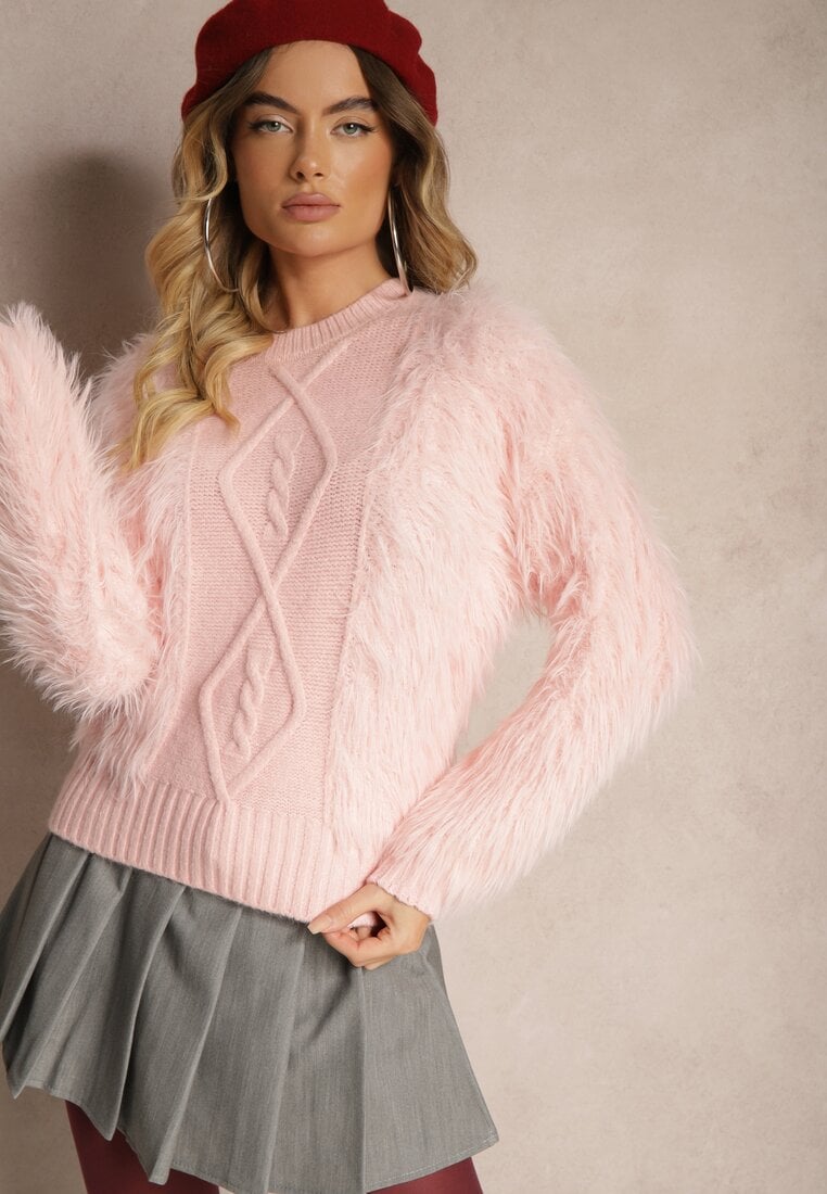 Różowy Sweter z Wełną o Fakturze Imitującej Pióra z Ozdobną Wstawką o Wzorzystym Splocie Mirirra