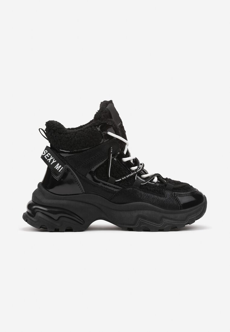 Czarne Sneakersy na Platformie Ozdobione Metaliczną Nicią i Futerkiem Volattia