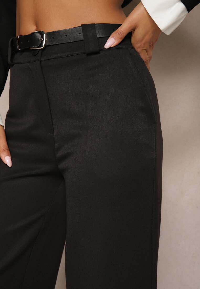 Czarne Szerokie Spodnie z Wiskozą High Waist o Garniturowym Kroju Nioratta