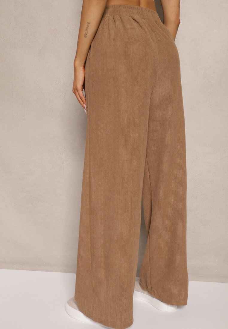 Ciemnobeżowe Spodnie o Szerokim Kroju High Waist z Wiązaniem w Pasie Ettianne