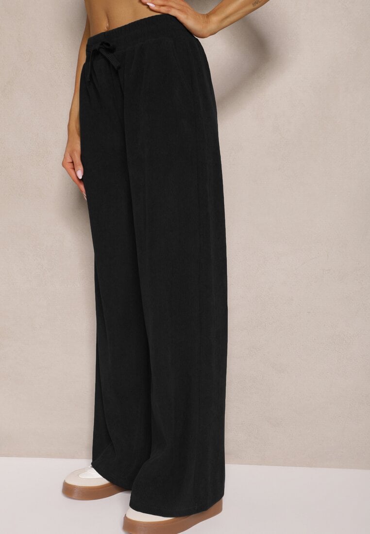 Czarne Spodnie o Szerokim Kroju High Waist z Wiązaniem w Pasie Ettianne
