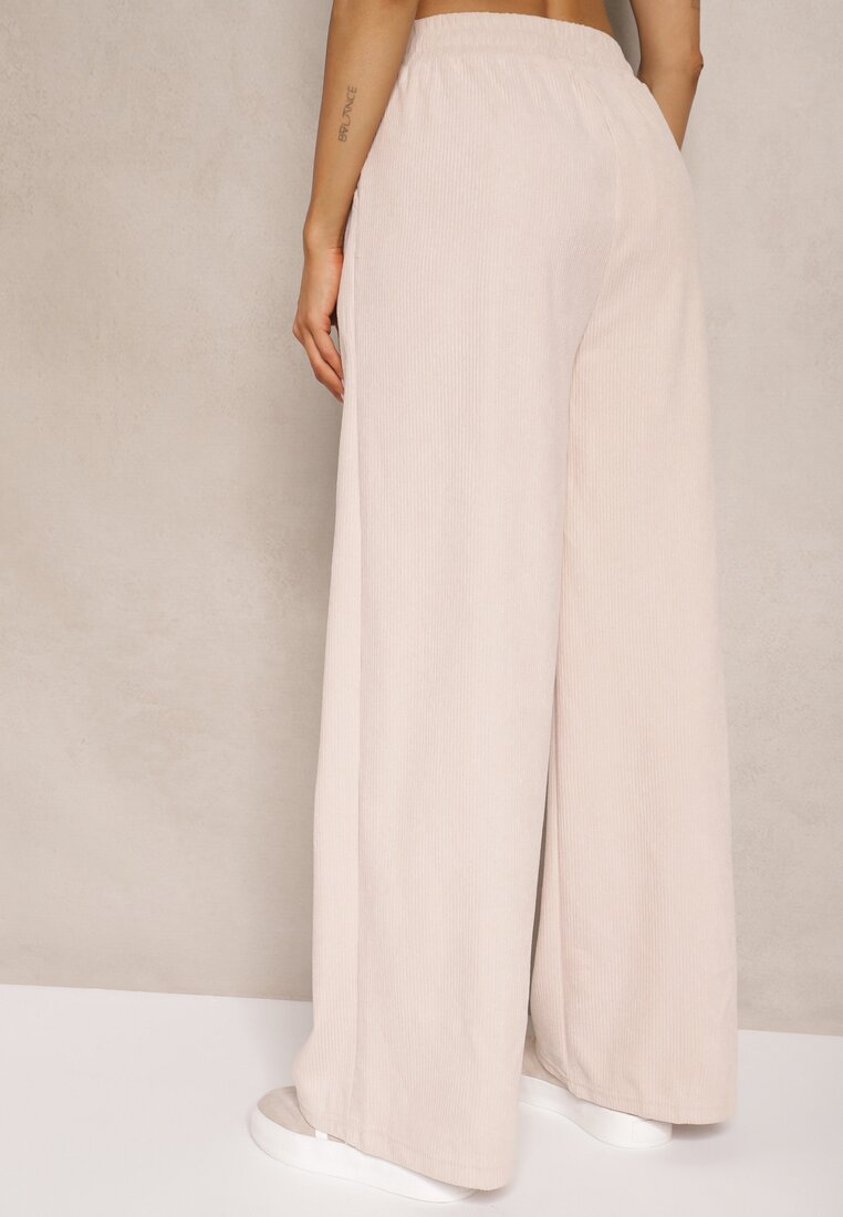 Beżowe Spodnie o Szerokim Kroju High Waist z Wiązaniem w Pasie Ettianne