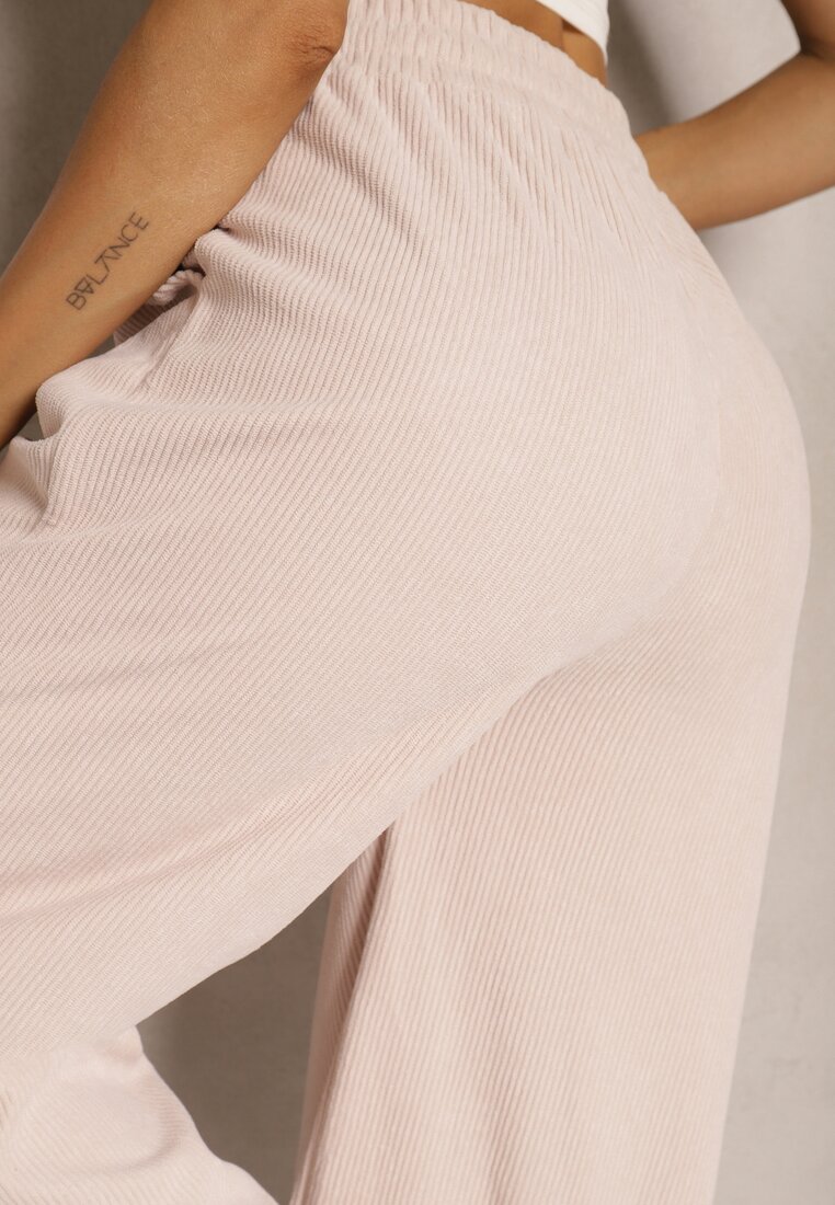 Beżowe Spodnie o Szerokim Kroju High Waist z Wiązaniem w Pasie Ettianne