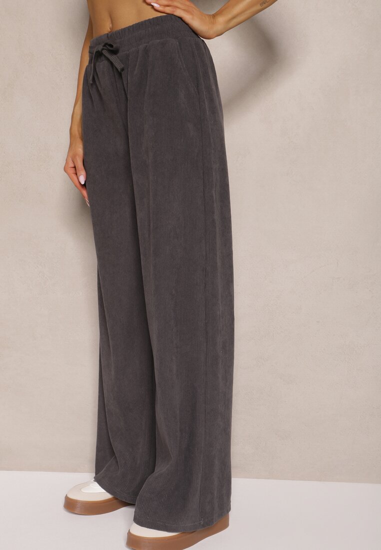 Szare Spodnie o Szerokim Kroju High Waist z Wiązaniem w Pasie Ettianne