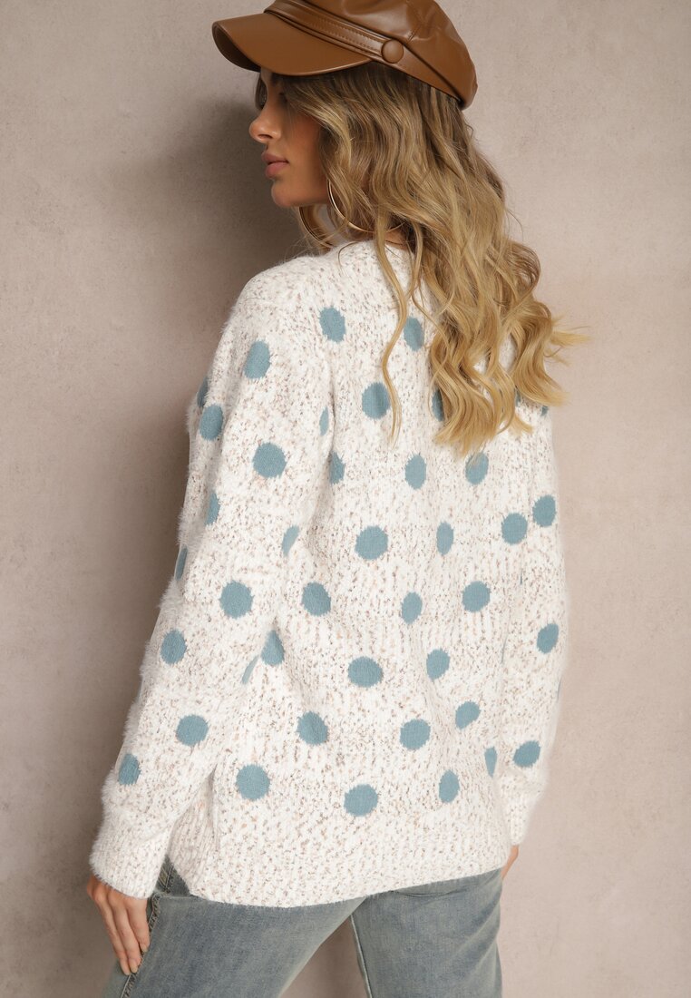 Biało-Niebieski Klasyczny Sweter w Grochy o Prostym Kroju Mazzina
