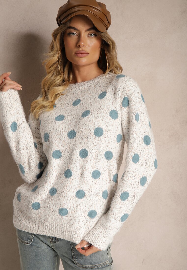 Biało-Niebieski Klasyczny Sweter w Grochy o Prostym Kroju Mazzina
