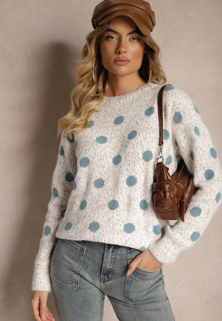 Biało-Niebieski Klasyczny Sweter w Grochy o Prostym Kroju Mazzina