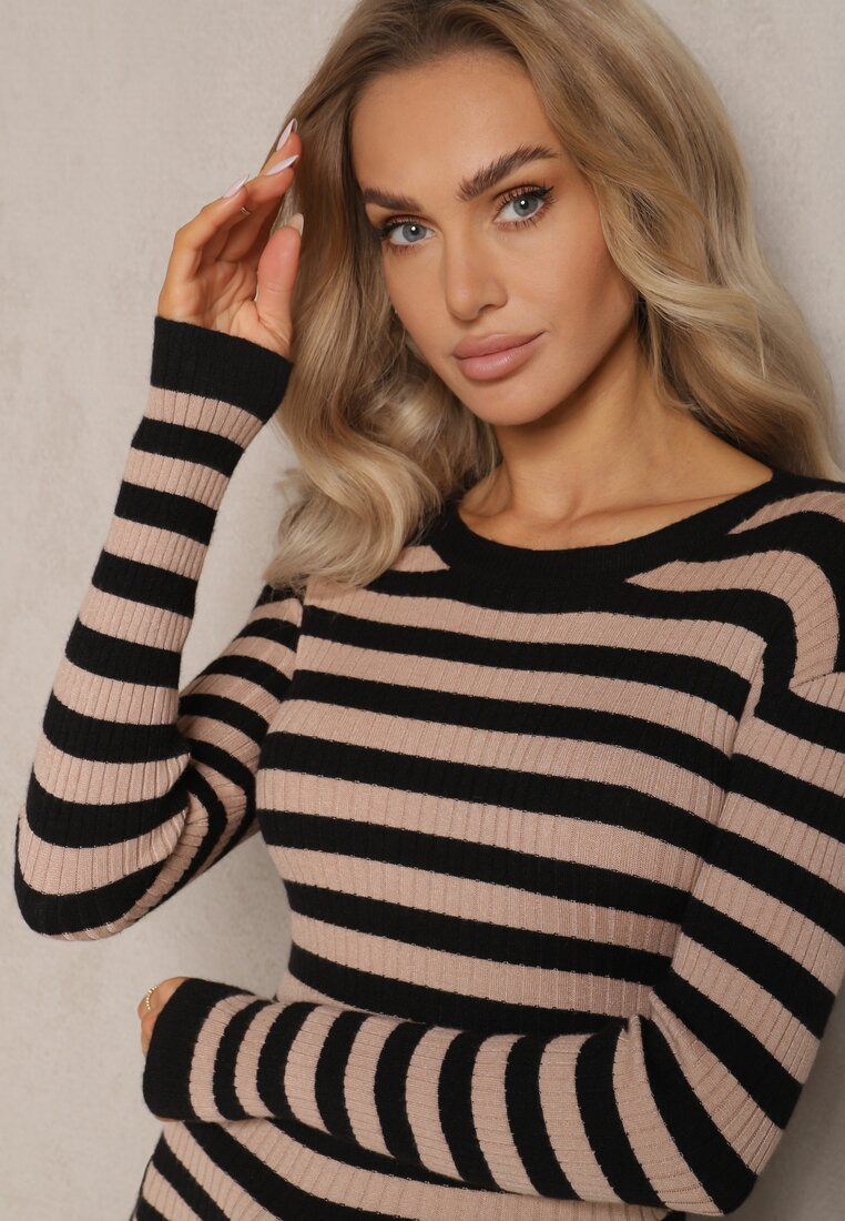 Czarno-Beżowy Sweter Zimowy w Paski z Bawełną Zindalina
