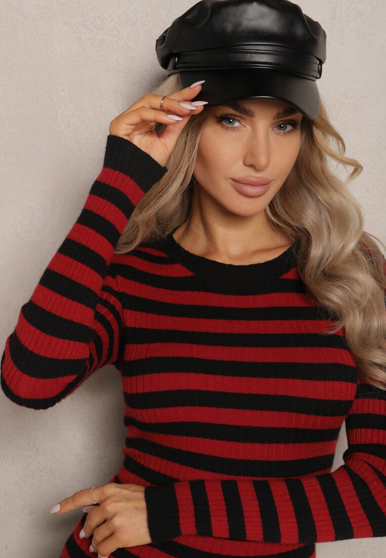 Czarno-Czerwony Sweter Zimowy w Paski z Bawełną Zindalina