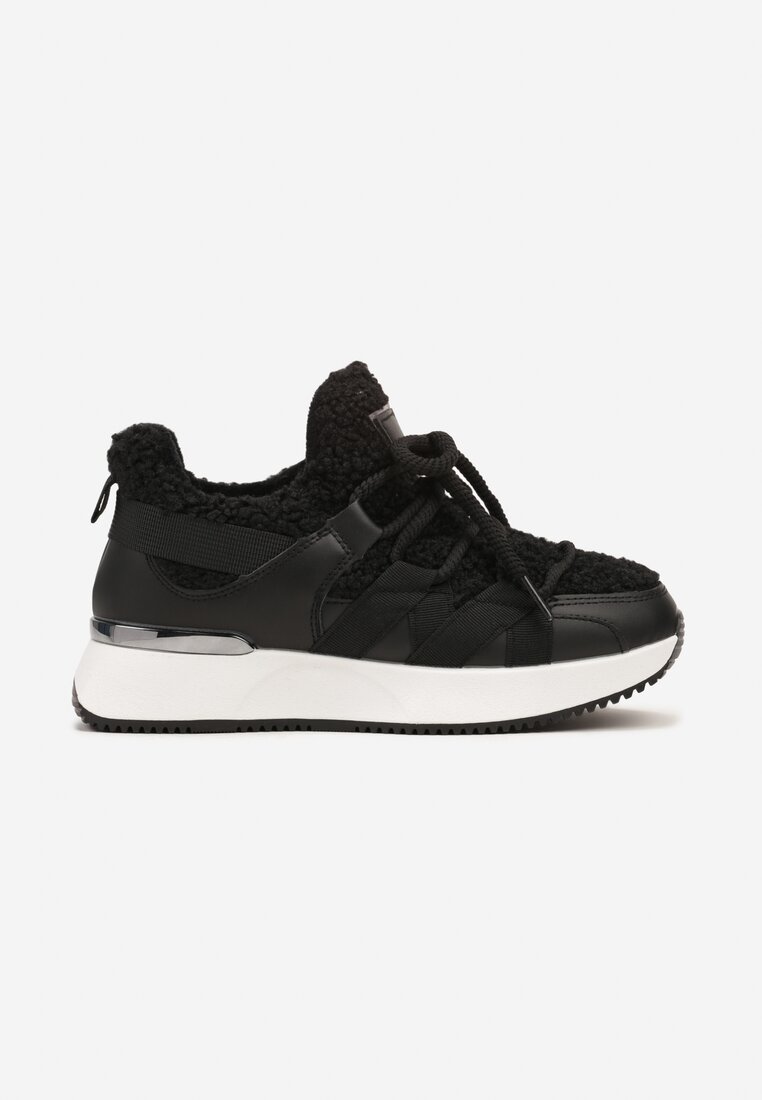 Czarne Sneakersy Zimowe z Futerkiem Barankiem na Niskiej Platformie Zinethia