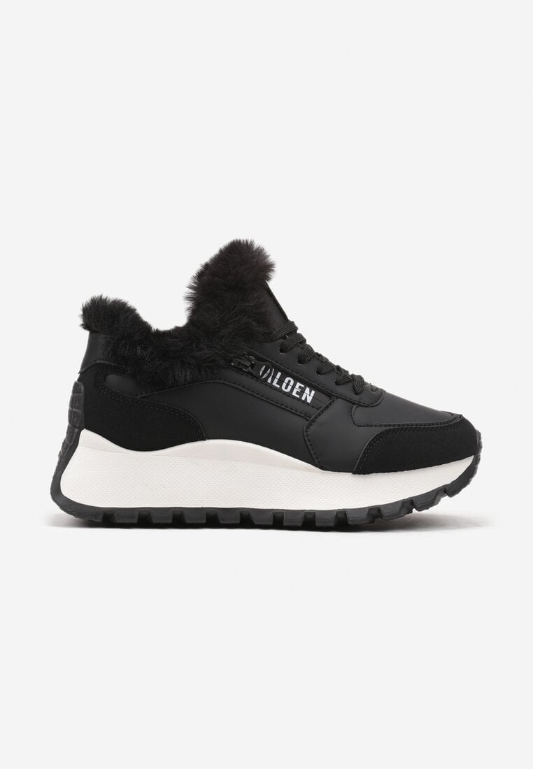 Czarne Sneakersy na Platformie z Napisem Sznurowaniem i Futerkiem Vazina