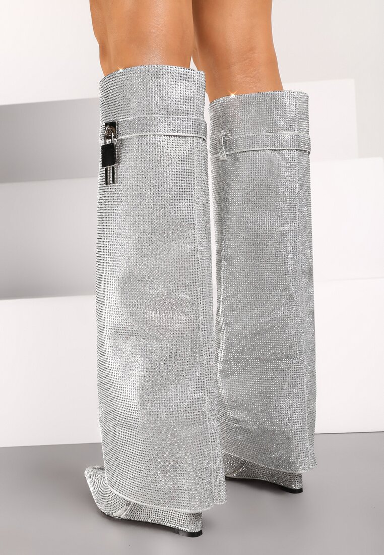 Srebrne Kozaki na Koturnie z Cholewką Imitującą Nogawkę Zdobione Cyrkoniami Zinolea