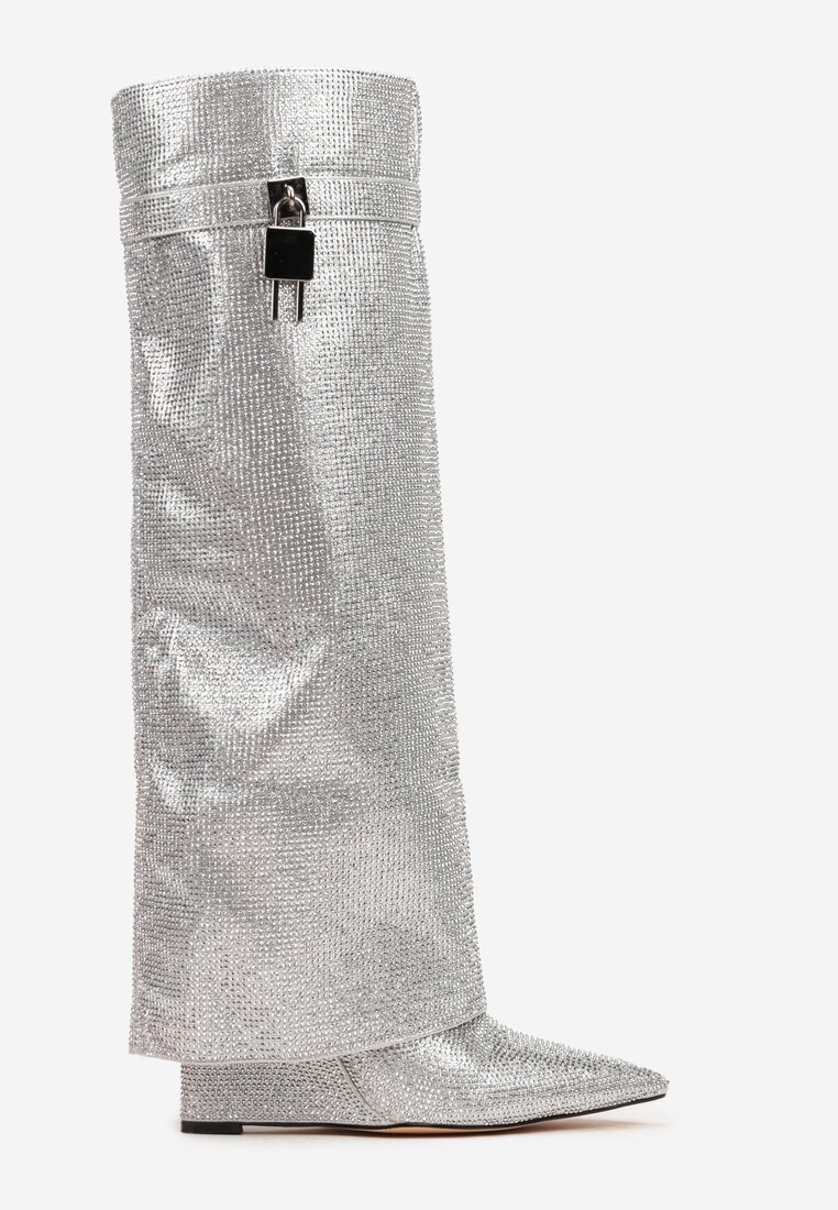 Srebrne Kozaki na Koturnie z Cholewką Imitującą Nogawkę Zdobione Cyrkoniami Zinolea