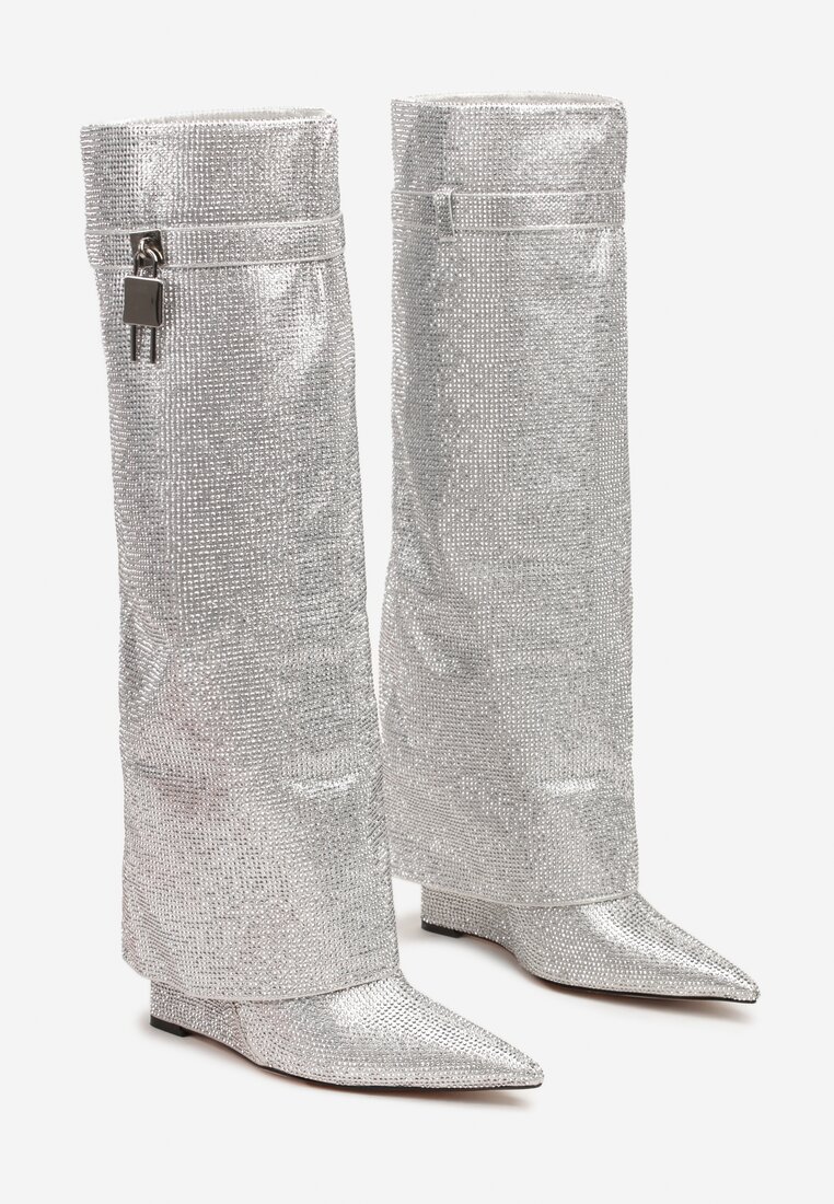 Srebrne Kozaki na Koturnie z Cholewką Imitującą Nogawkę Zdobione Cyrkoniami Zinolea