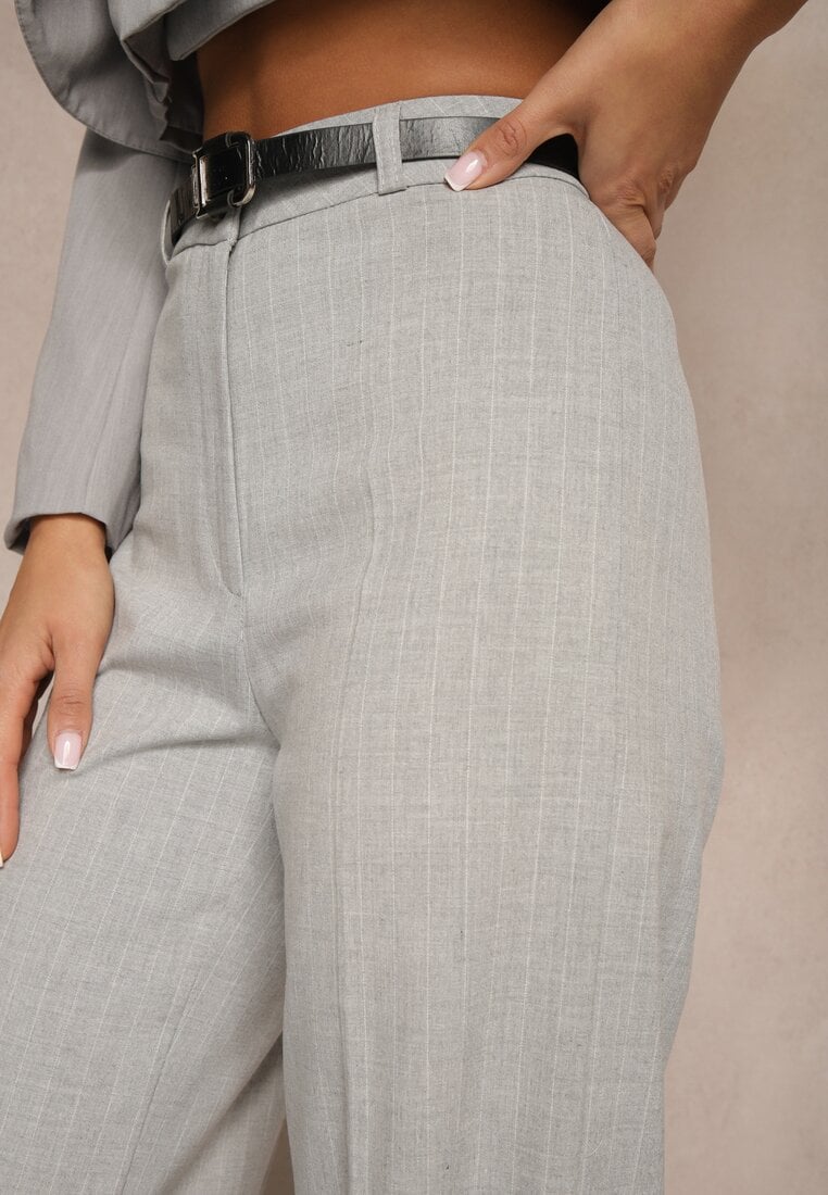 Jasnoszare Garniturowe Spodnie High Waist z Wiskozą i Szerokimi Nogawkami Floriri