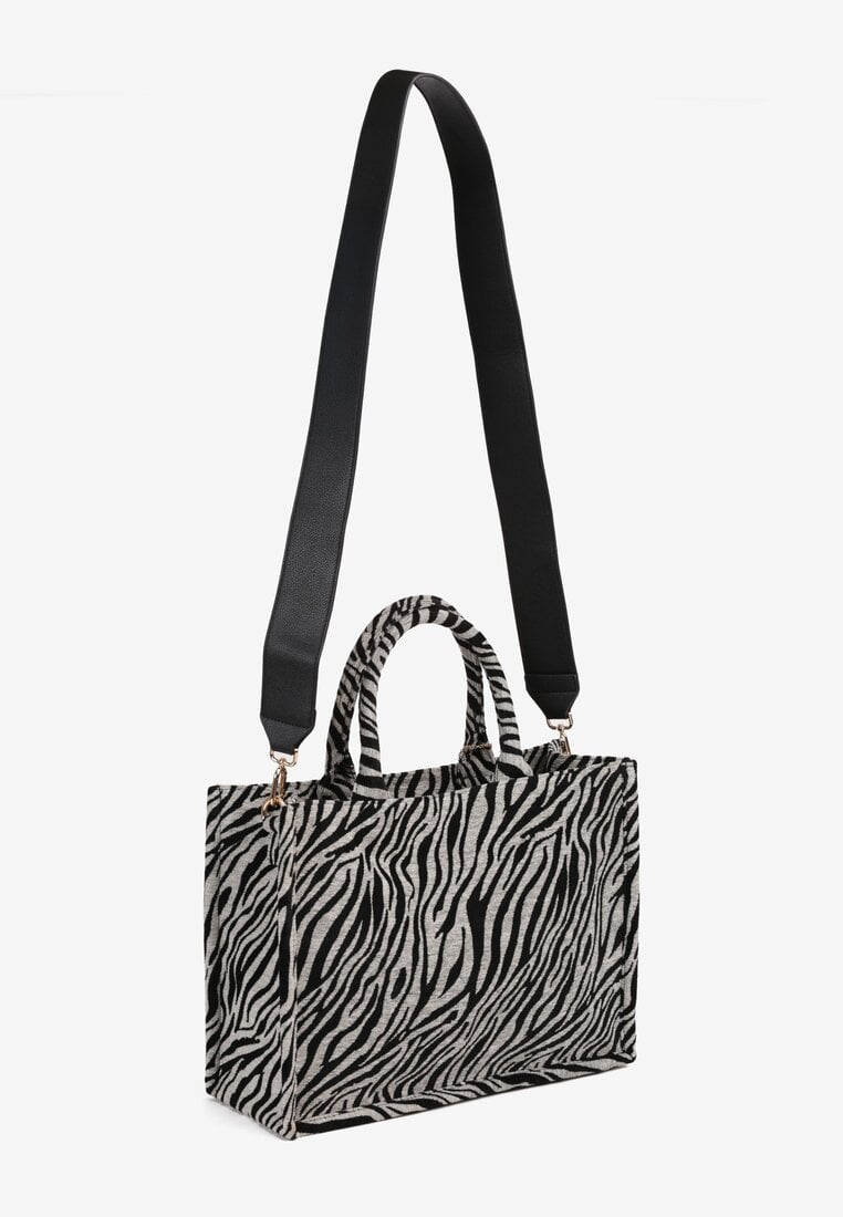 Czarno-Biała Torebka Typu Shopper w Animal Print z Rączkami i Paskiem Sintellea