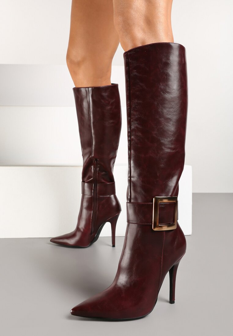 Bordowe Kozaki na Szpilce z Metaliczną Klamrą Evelinna