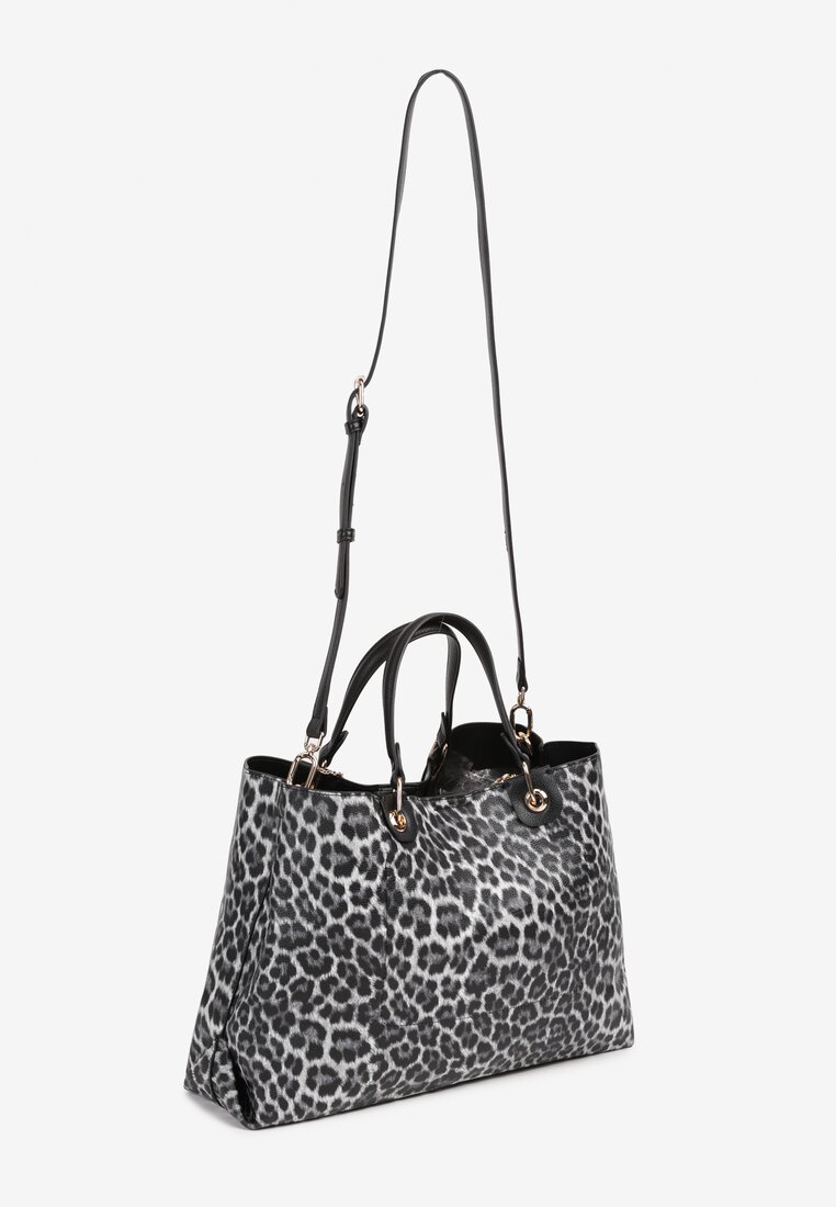 Szara Torebka Typu Shopper w Panterkowy Print Zdobiona Breloczkiem Lorinara