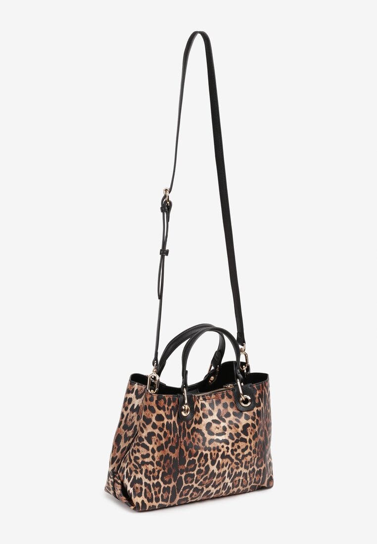 Brązowa Dwukomorowa Torebka na Ramię w Stylu Tote w Cętki Elsinavia