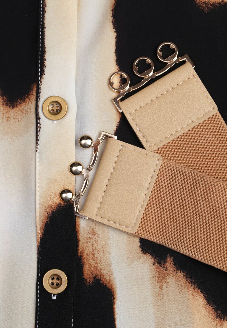 Beżowo-Czarna Koszulowa Sukienka w Panterkę Ozdobiona Paskiem Valentola