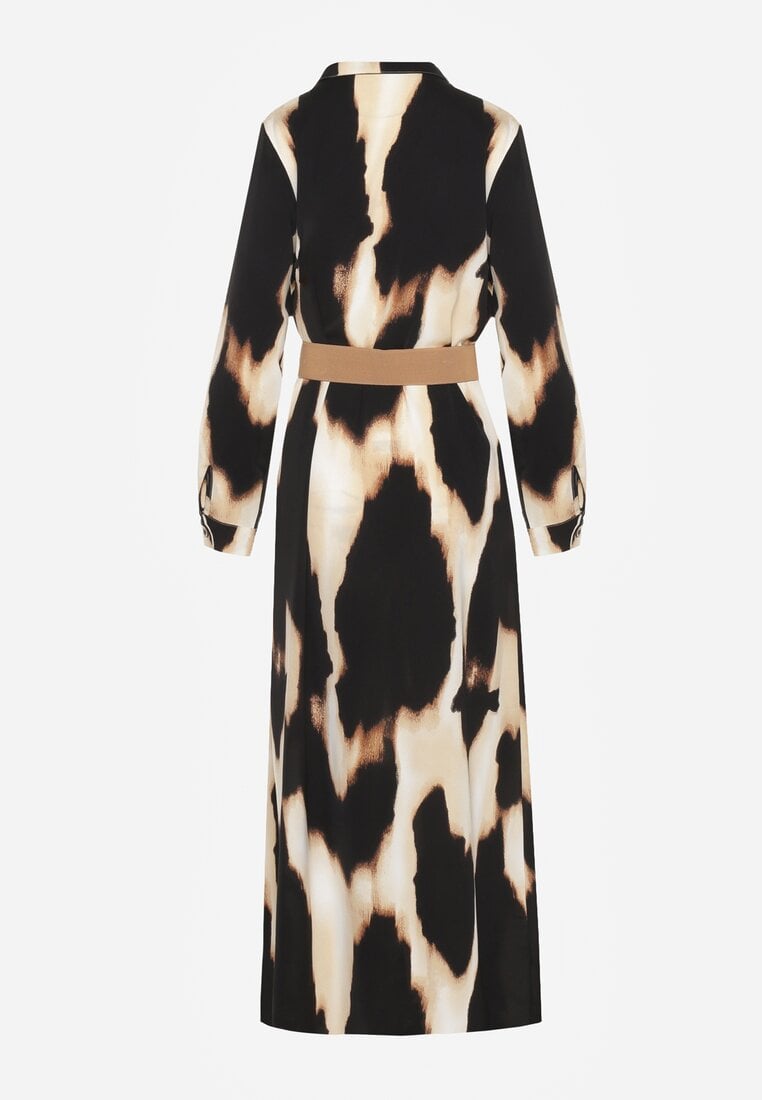 Beżowo-Czarna Koszulowa Sukienka w Panterkę Ozdobiona Paskiem Valentola