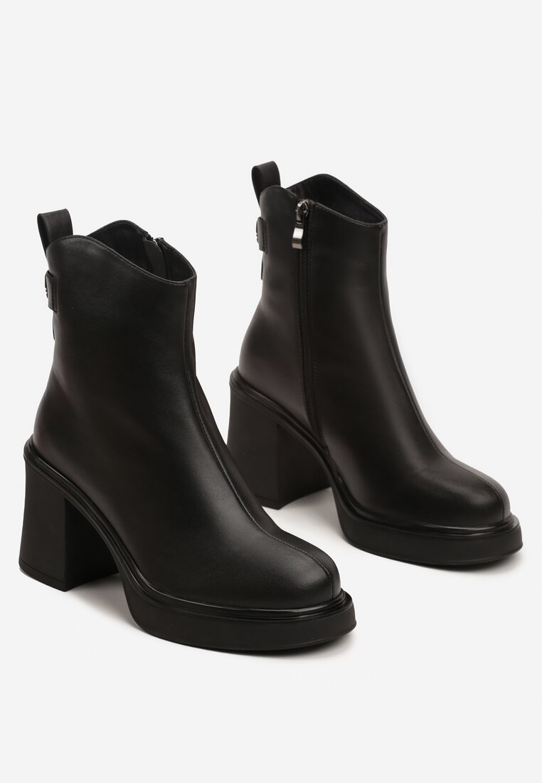Czarne Skórzane Botki na Platformie i Słupku z Ociepleniem Atintessa