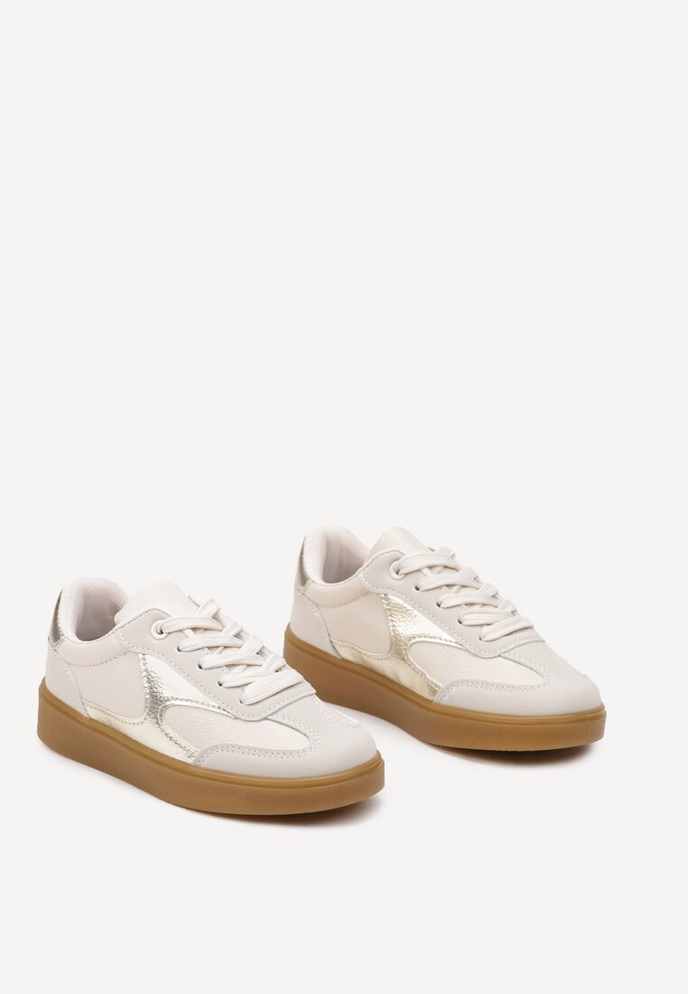 Beżowe Buty Sportowe Sneakersy ze Sznurowaniem Ozdobione Metalicznymi Elementami Dinilie